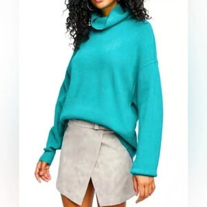 FREE PEOPLE Softly Structured Oversized Tunic Turtleneck Sweater Small Aqua
